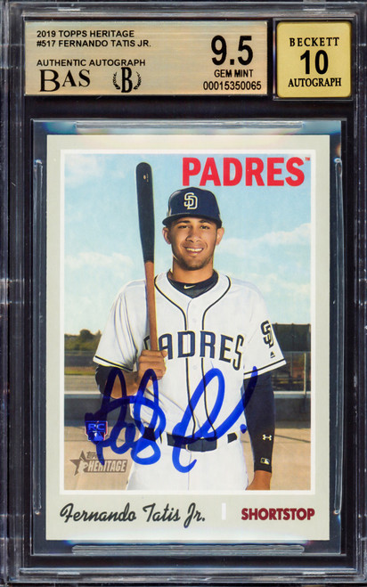 Fernando Tatis Jr. Autographed 2019 Topps Heritage Rookie Card #517 San Diego Padres BGS 9.5 Auto Grade Gem Mint 10 Highest Graded Beckett BAS Stock #212280