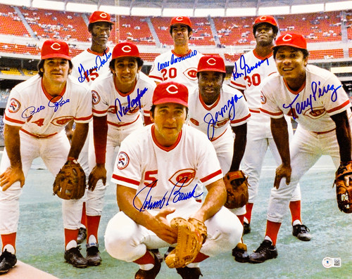 1975-1976 Cincinnati Reds Autographed 16x20 Photo Big Red Machine With 8 Signatures Including Johnny Bench & Pete Rose Beckett BAS Stock #212437