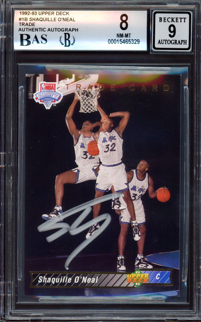 Shaquille "Shaq" O'Neal Autographed 1992 Upper Deck Rookie Card #1B Orlando Magic BGS 8 Auto Grade Mint 9 Beckett BAS Stock #213275