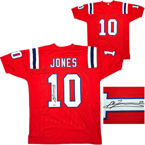 New England Patriots Mac Jones Autographed Red Jersey Beckett BAS Witness Stock #214798