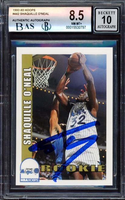 Shaquille "Shaq" O'Neal Autographed 1992-93 Hoops Rookie Card #442 Orlando Magic BGS 8.5 Auto Grade Gem Mint 10 Beckett BAS Stock #214856