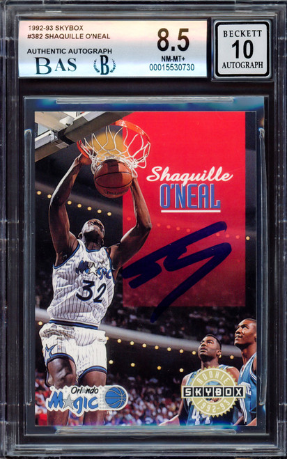 Shaquille "Shaq" O'Neal Autographed 1992-93 Skybox Rookie Card #382 Orlando Magic BGS 8.5 Auto Grade Gem Mint 10 Beckett BAS Stock #214858