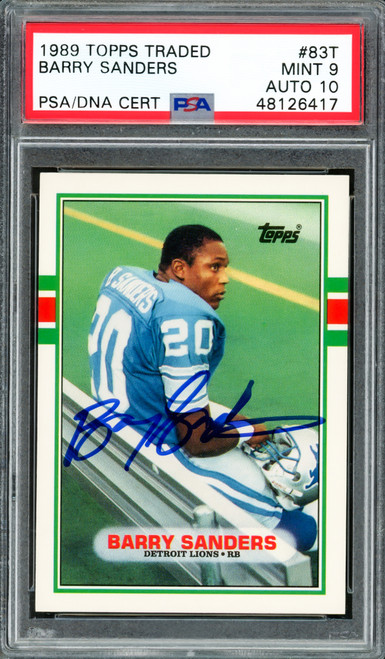 Barry Sanders Autographed 1989 Topps Traded Rookie Card #83T Detroit Lions PSA 9 Auto Grade Gem Mint 10 PSA/DNA Stock #215421