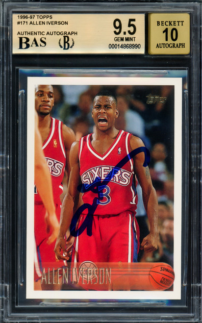 Allen Iverson Autographed 1996-97 Topps Rookie Card #171 Philadelphia 76ers BGS 9.5 Auto Grade Gem Mint 10 Beckett BAS Stock #215498