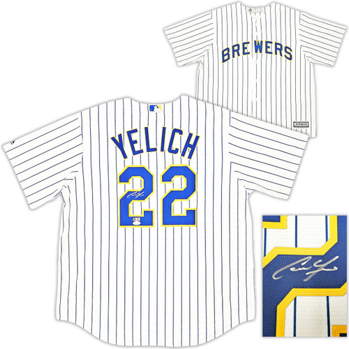 Milwaukee Brewers Christian Yelich Autographed White Pinstripe Majestic Jersey Size XL JSA Stock #215528