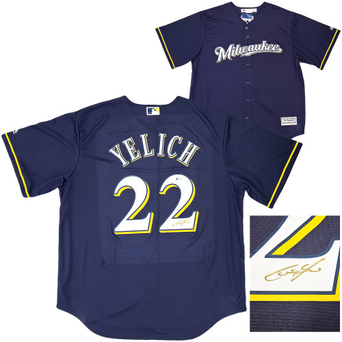 Milwaukee Brewers Christian Yelich Autographed Blue Majestic Jersey Size XL Beckett BAS Witness Stock #215533