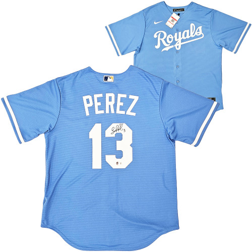 Kansas City Royals Salvador Perez Autographed Baby Blue Nike Jersey Size L Beckett BAS Witness Stock #216049