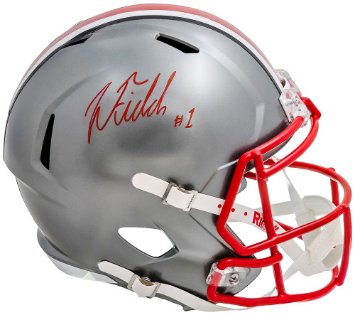 Justin Fields Autographed Ohio State Buckeyes Flash Silver Full Size Replica Speed Helmet Beckett BAS Witness Stock #216685