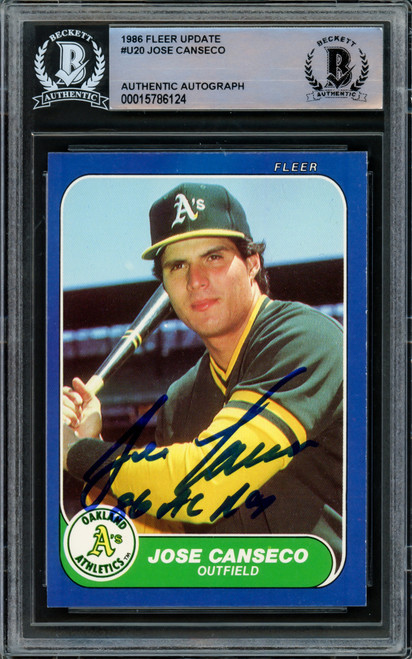 Jose Canseco Autographed 1986 Fleer Update Rookie Card #U-20 Oakland A's "86 AL ROY" Beckett BAS Stock #216697