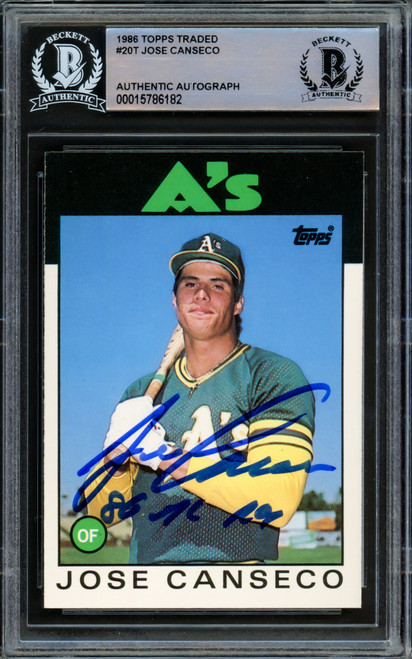 Jose Canseco Autographed 1986 Topps Traded Rookie Card #20T Oakland A's "86 AL ROY" Beckett BAS Stock #216698