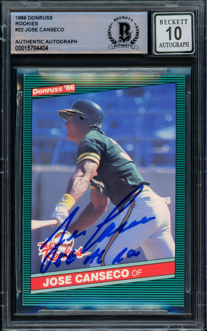 Jose Canseco Autographed 1986 Donruss The Rookies Rookie Card #22 Oakland A's Auto Grade Gem Mint 10 "86 AL ROY" Beckett BAS Stock #216704