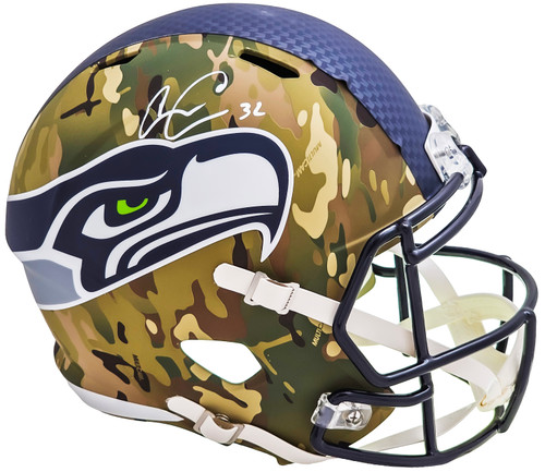 Chris Carson Autographed Seattle Seahawks Camo Full Size Speed Helmet (Decal Bubbling) Fanatics Holo Stock #216808