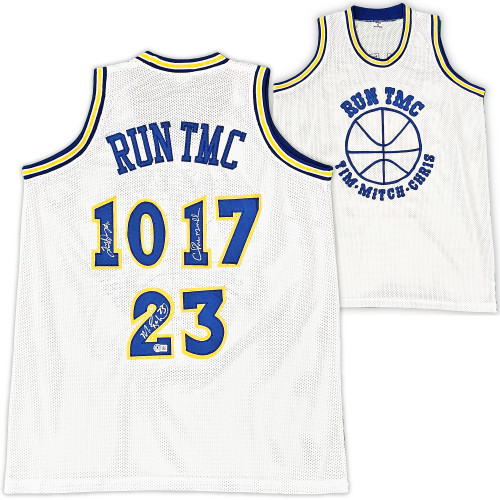 Golden State Warriors Chris Mullin, Tim Hardaway & Mitch Richmond Autographed White Jersey Run TMC Beckett BAS Witness Stock #216817