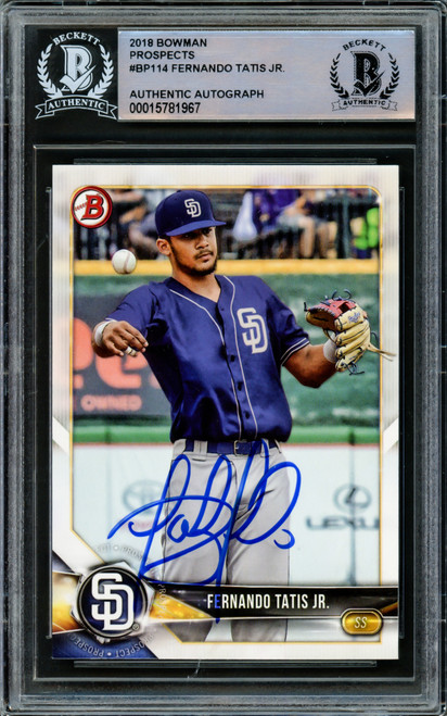 Fernando Tatis Jr. Autographed 2018 Bowman Prospects Card #BP114 San Diego Padres Beckett BAS Stock #216872