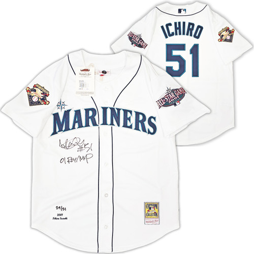 Seattle Mariners Ichiro Suzuki Autographed White Authentic Mitchell & Ness 2001 All Star Patch Jersey Size 44 "01 ROY/MVP" IS Holo Stock #217973