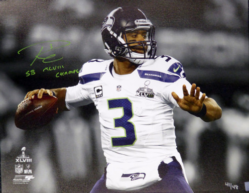 Russell Wilson Autographed 24x30 Stretched Canvas Photo Seattle Seahawks "SB XLVIII Champs" Super Bowl #/48 RW Holo Stock #104117
