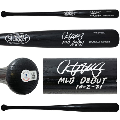 Oneil Cruz Autographed Black Louisville Slugger Pro Stock Bat Pittsburgh Pirates "MLB Debut 10-2-21" Beckett BAS QR Stock #218601