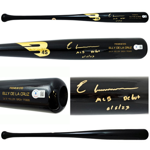 Elly De La Cruz Autographed Black B45 Player Model Bat Cincinnati Reds "MLB Debut 6/6/23" Beckett BAS Witness Stock #218704