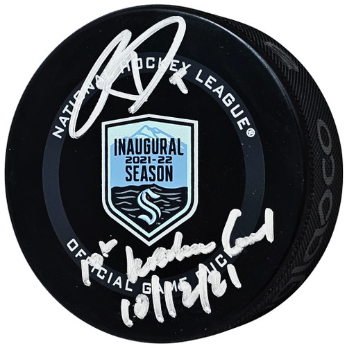 Ryan Donato Autographed Official Seattle Kraken Inaugural Season Game Logo Hockey Puck "First Kraken Goal 10/12/21" Fanatics Holo Stock #218711