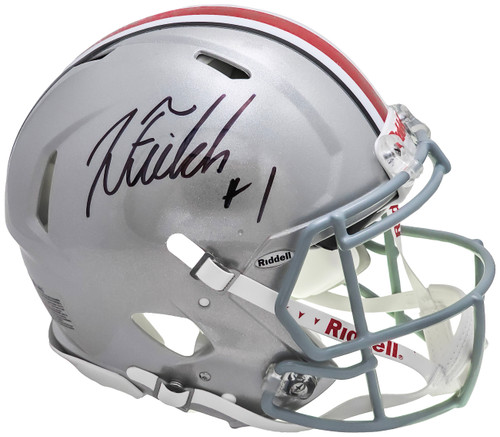 Justin Fields Autographed Ohio State Buckeyes Silver Full Size Authentic Speed Helmet Beckett BAS Witness Stock #218743