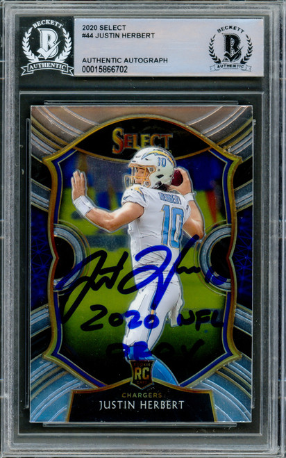 Justin Herbert Autographed 2020 Panini Select Rookie Card #44 Los Angeles Chargers "2020 NFL OROY" Beckett BAS Stock #219391