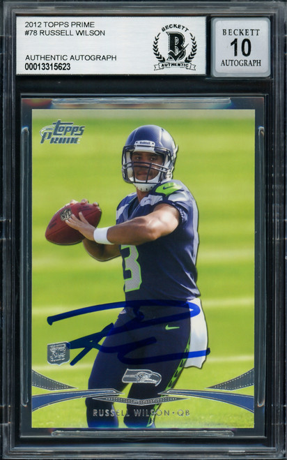 Russell Wilson Autographed 2012 Topps Prime Rookie Card #78 Seattle Seahawks Auto Grade Gem Mint 10 Beckett BAS Stock #220161