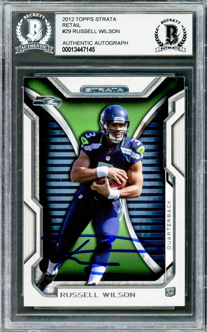 Russell Wilson Autographed 2012 Topps Strata Retail Rookie Card #29 Seattle Seahawks Beckett BAS Stock #220166