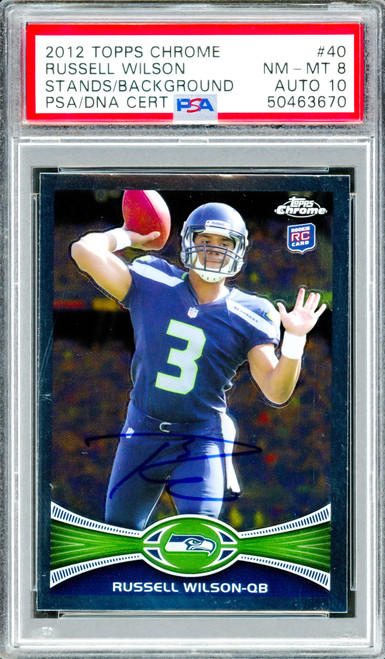 Russell Wilson Autographed 2012 Topps Chrome Rookie Card #40A Seattle Seahawks PSA 8 Auto Grade Gem Mint 10 PSA/DNA Stock #220173