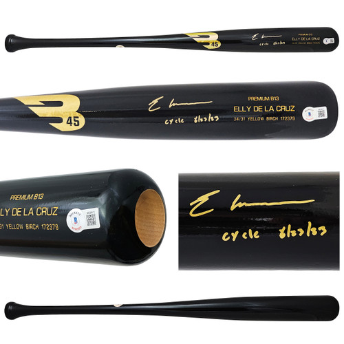 Elly De La Cruz Autographed Black B45 Player Model Bat Cincinnati Reds "Cycle 6/23/23" Beckett BAS Witness Stock #220222