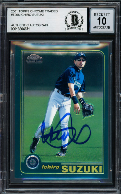 Ichiro Suzuki Autographed 2001 Topps Chrome Traded Rookie Card #T266 Seattle Mariners Auto Grade Gem Mint 10 Beckett BAS Stock #220239