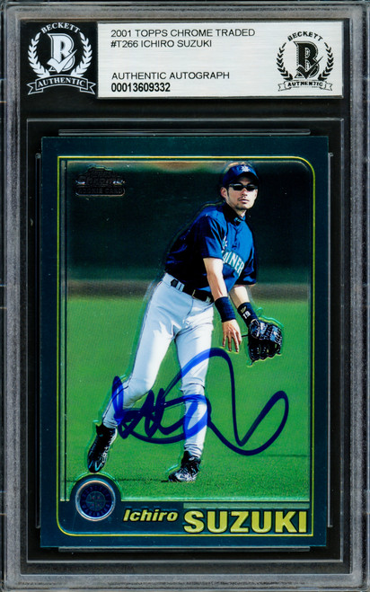 Ichiro Suzuki Autographed 2001 Topps Chrome Traded Rookie Card #T266 Seattle Mariners Beckett BAS Stock #220240