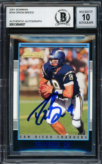 Drew Brees Autographed 2001 Bowman Rookie Card #164 San Diego Chargers Auto Grade Gem Mint 10 Beckett BAS Stock #220323