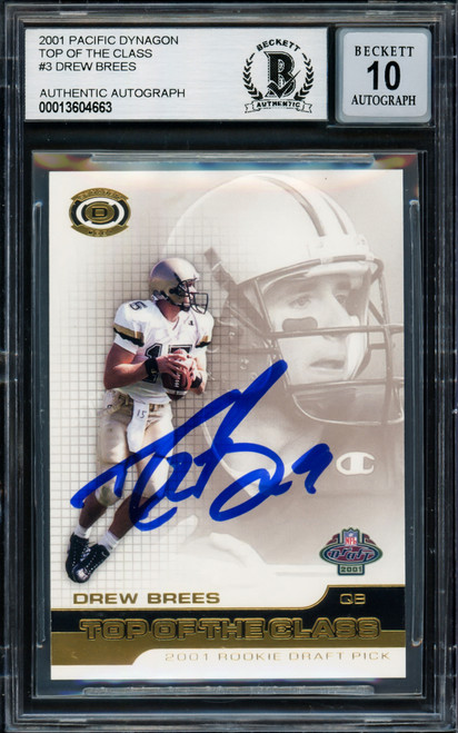 Drew Brees Autographed 2001 Pacific Dynagon Rookie Card #3 New Orleans Saints Auto Grade Gem Mint 10 Beckett BAS Stock #220324