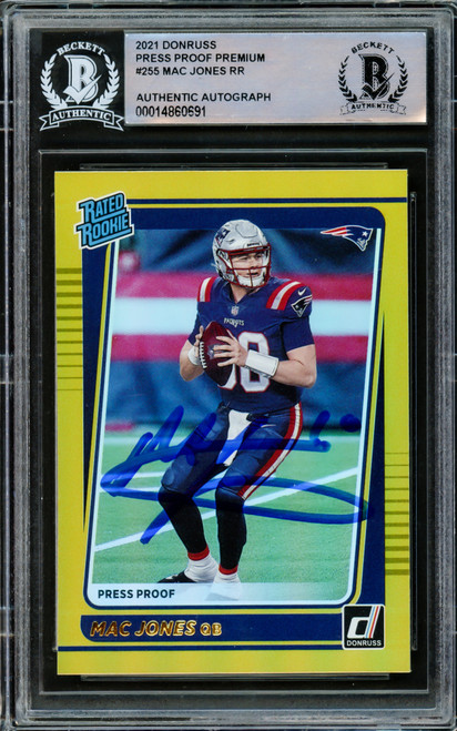 Mac Jones Autographed 2021 Donruss Gold Press Proof Rookie Card #255 New England Patriots Beckett BAS Stock #220336