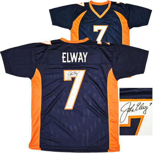 Denver Broncos John Elway Autographed Blue Jersey Beckett BAS Witness Stock #220372