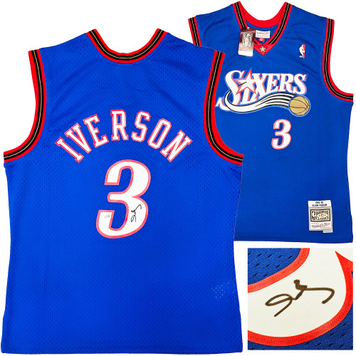 Philadelphia 76ers Allen Iverson Autographed Blue Authentic Mitchell & Ness 1999-00 HWC Swingman Jersey Size L Beckett BAS Witness Stock #220418