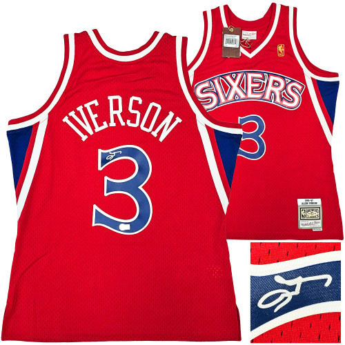 Philadelphia 76ers Allen Iverson Autographed Red Authentic Mitchell & Ness 1996-97 HWC Swingman Jersey Size L Beckett BAS Witness Stock #220424