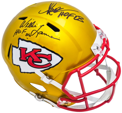 Marcus Allen & Willie Lanier Autographed Kansas City Chiefs Flash Yellow Full Size Replica Speed Helmet "HOF 03 & HOF 86" Beckett BAS Witness Stock #220527
