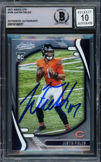 Justin Fields Autographed 2021 Panini Absolute Football Rookie Card #108 Chicago Bears Auto Grade Gem Mint 10 Beckett BAS Stock #220725