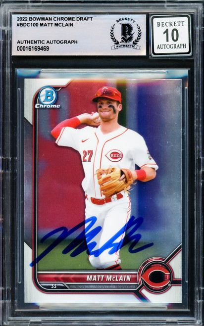 Matt McLain Autographed 2022 Bowman Chrome Draft Rookie Card #BDC100 Cincinnati Reds Auto Grade Gem Mint 10 Beckett BAS Stock #220733