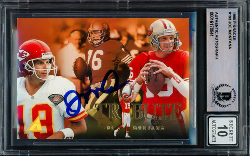 Joe Montana Autographed 1995 Pinnacle Card #193 San Francisco 49ers Auto Grade Gem Mint 10 Beckett BAS Stock #220765