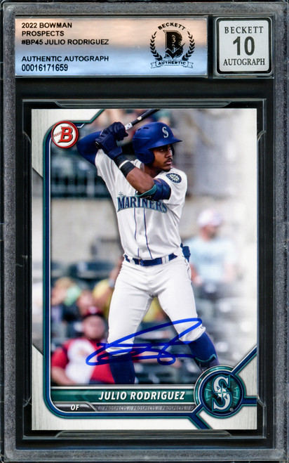 Julio Rodriguez Autographed 2022 Bowman Prospects Card #BP45 Seattle Mariners Auto Grade Gem Mint 10 Beckett BAS Stock #220790