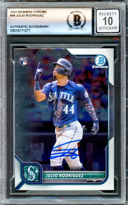 Julio Rodriguez Autographed 2022 Bowman Chrome Rookie Card #48 Seattle Mariners Auto Grade Gem Mint 10 Beckett BAS Stock #220791