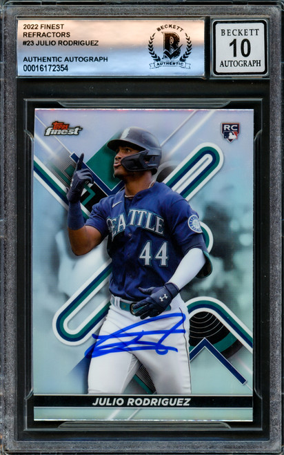 Julio Rodriguez Autographed 2022 Topps Finest Refractors Rookie Card #23 Seattle Mariners Auto Grade Gem Mint 10 Beckett BAS Stock #220797