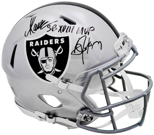 Bo Jackson & Marcus Allen Autographed Oakland Raiders Silver Full Size Authentic Speed Helmet "SB XVIII MVP" Beckett BAS Witness Stock #220864
