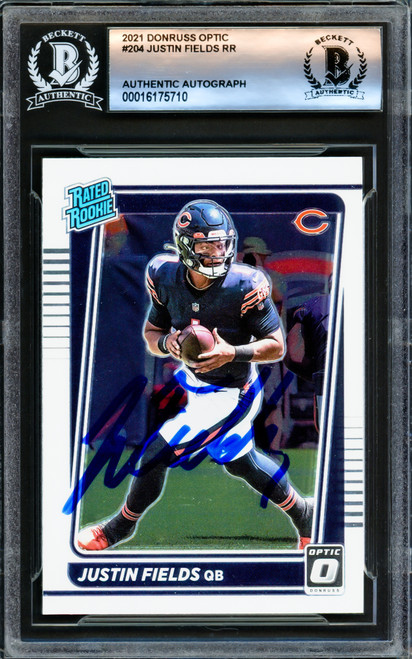 Justin Fields Autographed 2021 Donruss Optic Rookie Card #204 Chicago Bears Beckett BAS Stock #221182