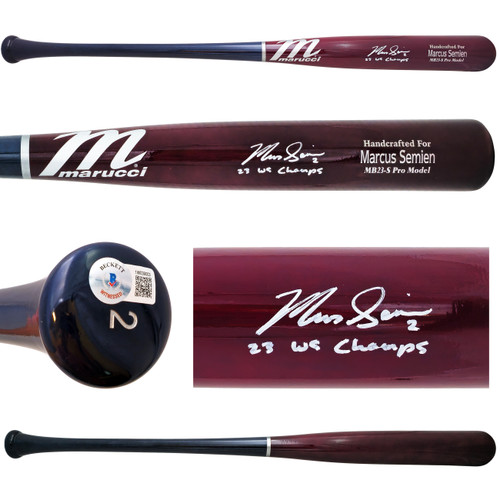Marcus Semien Autographed Maroon/Navy Marucci Player Model Bat Texas Rangers "23 WS Champs" Beckett BAS Witness Stock #221358
