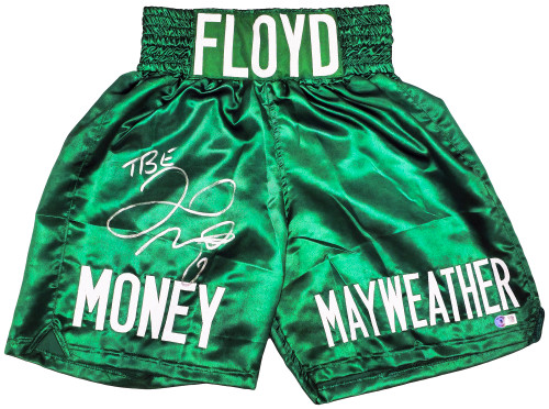 Floyd Mayweather Jr. Autographed Green Boxing Trunks "TBE" Beckett BAS Witness Stock #221644