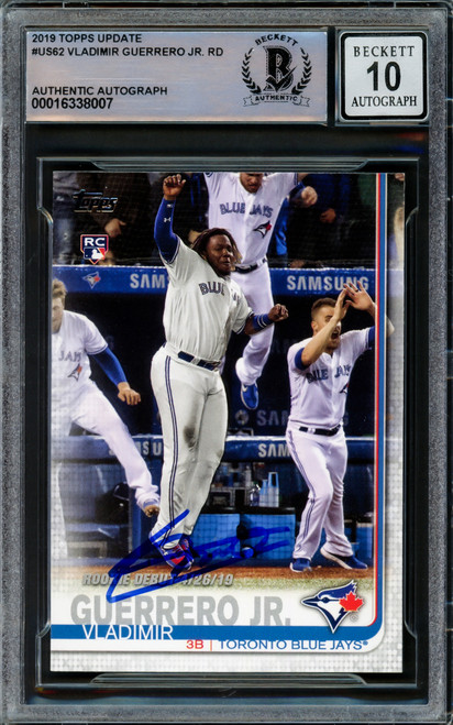 Vladimir Guerrero Jr. Autographed 2019 Topps Update Rookie Card #US62 Toronto Blue Jays Auto Grade Gem Mint 10 Beckett BAS Stock #222860