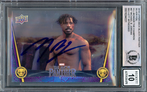 Michael B. Jordan Autographed 2018 Upper Deck Black Panther Silver Foil Card #67 Marvel Auto Grade Gem Mint 10 Okoye Takes on KillMonger Beckett BAS Stock #224175